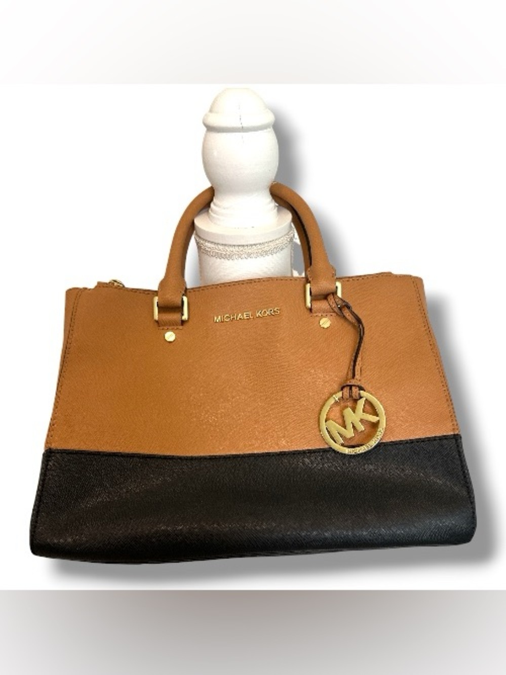 Michael Kors Large Two-Tone Saffiano Leather Satchel Tan Black Gold Hardware